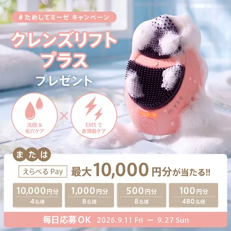 えらべるPay最大1万円分、ミーゼ 洗顔ブラシ×EMS美顔器が503名様にその場で当たるXキャンペーン のイメージ