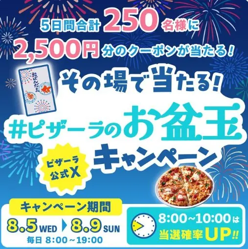 2,500円分のピザーラネットクーポンがその場で当たるXキャンペーン の懸賞イメージ