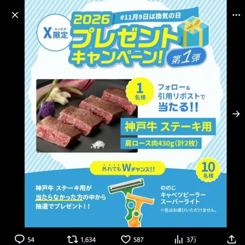 神戸牛 ステーキ用、キャベツピーラー スーパーライト　11名 2026年11月30日締切 の懸賞イメージ