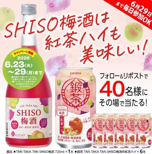 SHISO梅酒＆紅茶ハイが40名様にその場で当たるXキャンペーン の懸賞イメージ