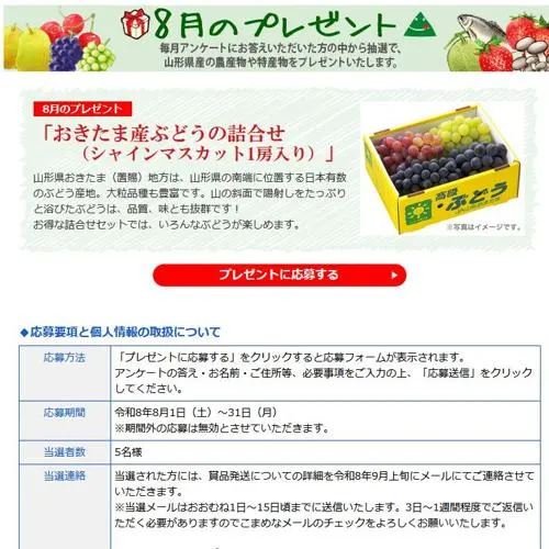 おきたま産ぶどうの詰合せ　5名 2026年8月31日締切 の懸賞イメージ