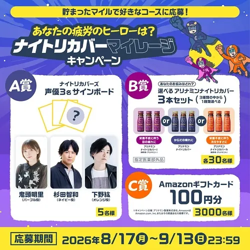 Amazonギフトカード100円分、アリナミンナイトリカバー3本などが3,095名様に当たるXキャンペーン の懸賞イメージ