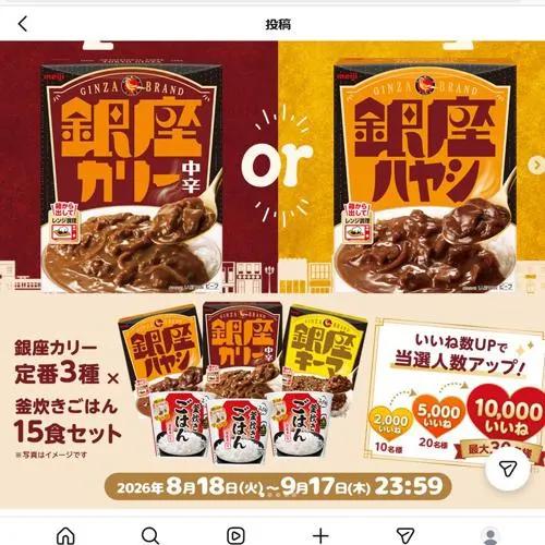 明治銀座カリー定番3種×5、日清ふっくら釜炊き ごはん　30名 2026年9月17日締切 のイメージ