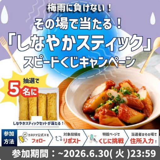 カネテツのしなやかスティックがその場で5名様に当たるXキャンペーン の懸賞イメージ
