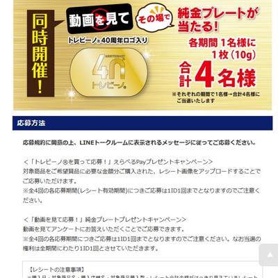 トレビーノ40周年ロゴ入り純金プレート(10g)　4名 2026年12月31日締切 の懸賞イメージ