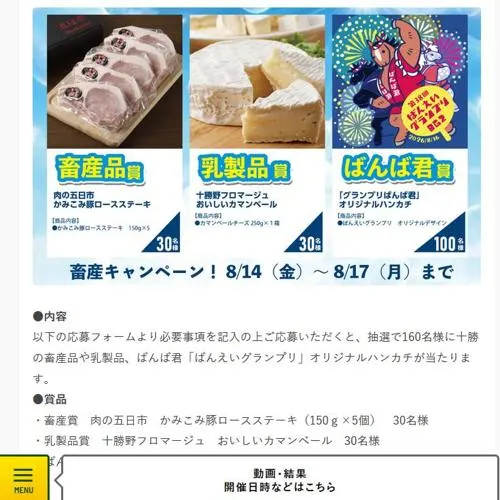 かみこみ豚ロースステーキ、おいしいカマンベール、オリジナルハンカチ　160名 2026年8月17日締切 の懸賞イメージ