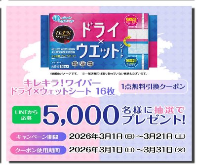 キレキラ！ワイパー ドライ×ウェットシートの無料引き換えクーポンが当たるLINEキャンペーン の懸賞イメージ