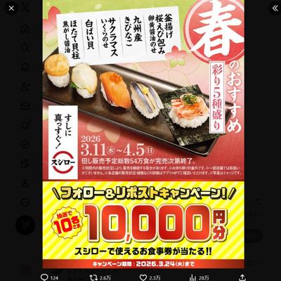 スシローで使えるお食事券(10,000円分)　10名 2026年3月24日締切 の懸賞イメージ