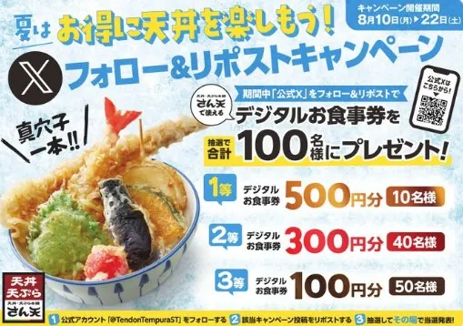 天丼・天ぷら本舗 さん天のデジタル食事券がその場で当たるキャンペーン の懸賞イメージ