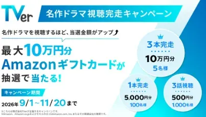 最大10万円分のAmazonギフトカードが当たるTVerの豪華懸賞 の懸賞イメージ
