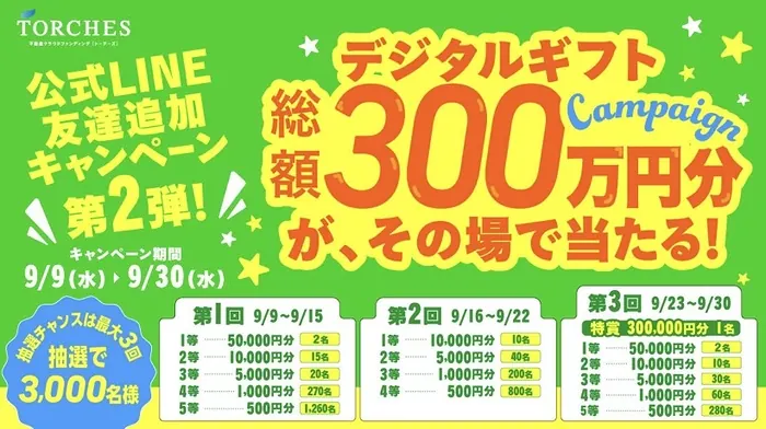 デジタルギフト最大5万円分が3,000名様にその場で当たるLINEキャンペーン のイメージ