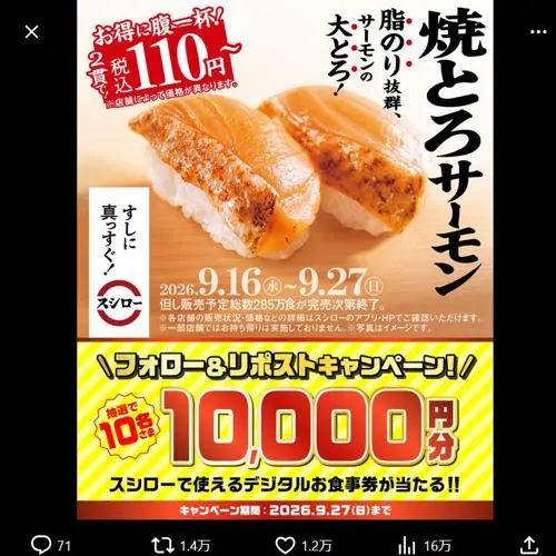 スシローで使えるお食事券(1万円分)　10名 2026年9月27日締切 の懸賞イメージ