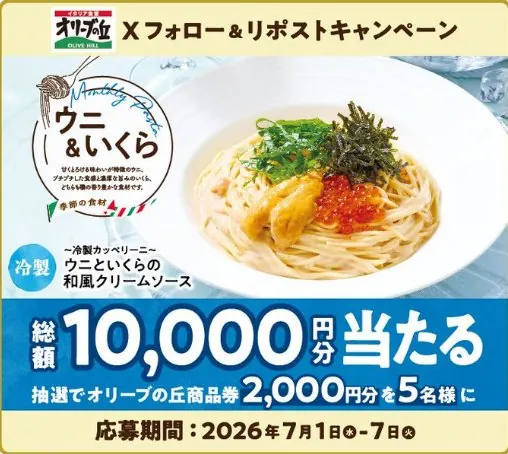 2,000円分のオリーブの丘食事券が当たる毎日応募Xキャンペーン の懸賞イメージ