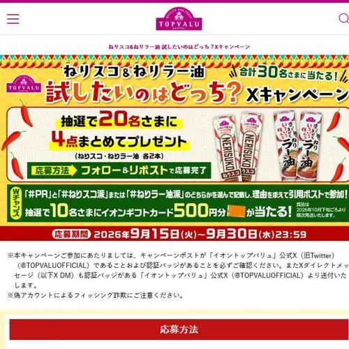 ねりスコ＆ねりラー油、イオンギフトカード(500円分)　30名 2026年9月30日締切 の懸賞イメージ