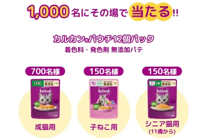 その場で抽選！1,000名様にカルカン パウチ12個パックが当たるキャンペーン の懸賞イメージ