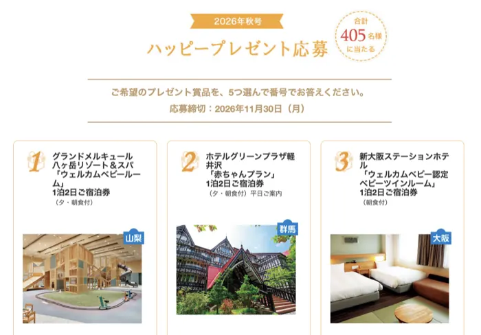 ハッピー・ノートで宿泊券や育児グッズが405名様に当たるプレゼントキャンペーン の懸賞イメージ